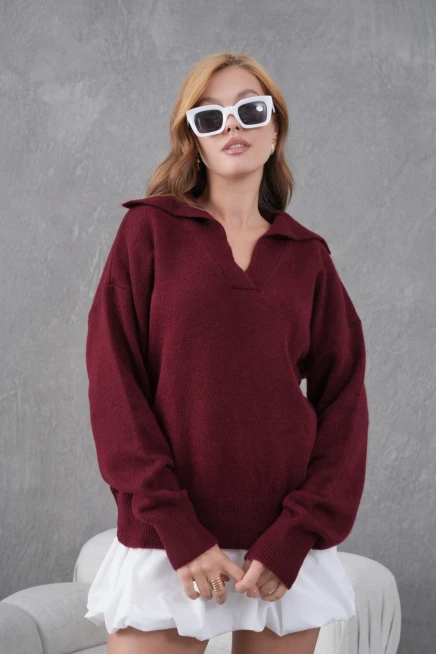 Kadın Bordo Polo Yaka Oversize Yarım Pat Yumuşak Dokulu Triko Kazak