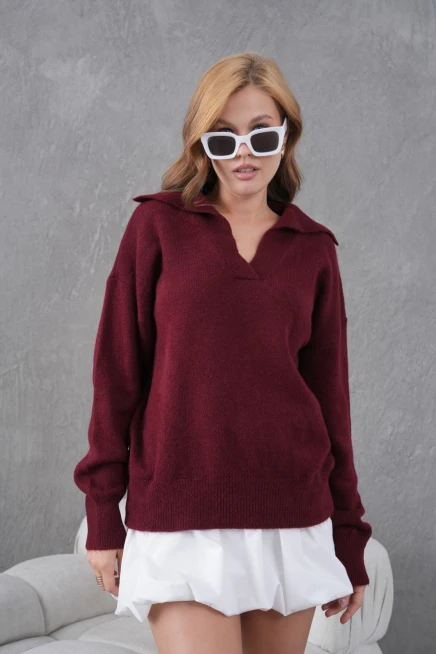 Kadın Bordo Polo Yaka Oversize Yarım Pat Yumuşak Dokulu Triko Kazak