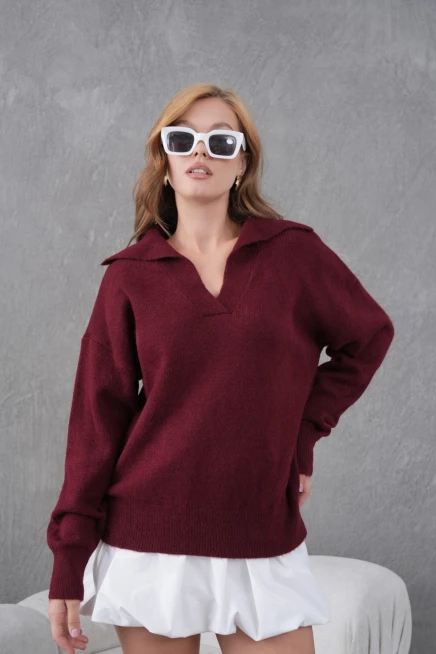 Kadın Bordo Polo Yaka Oversize Yarım Pat Yumuşak Dokulu Triko Kazak