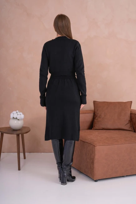 Kadın Dik Yaka Crop Kazak-Bel Lastikli Etek İkili Triko Takım