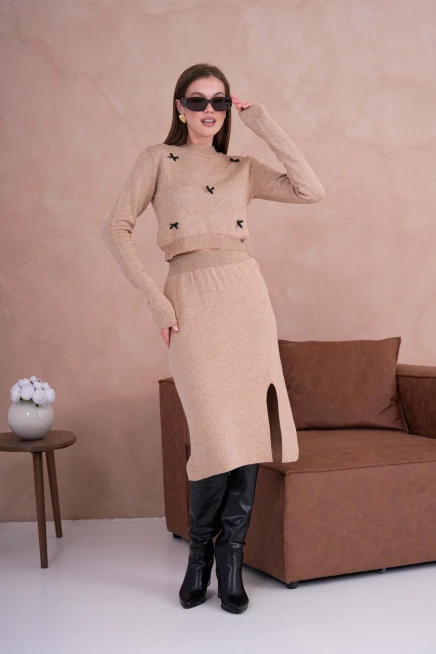 Kadın Dik Yaka Crop Kazak-Bel Lastikli Etek İkili Triko Takım