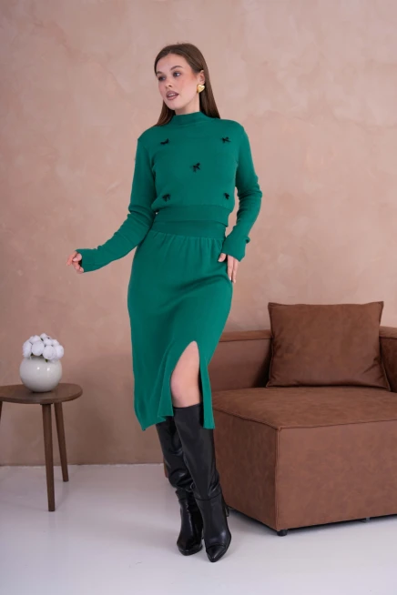 Kadın Dik Yaka Crop Kazak-Bel Lastikli Etek İkili Triko Takım