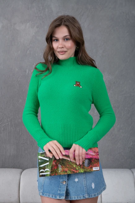 Kadın Dik Yaka Nakış Detay Şardonlu Triko Kazak