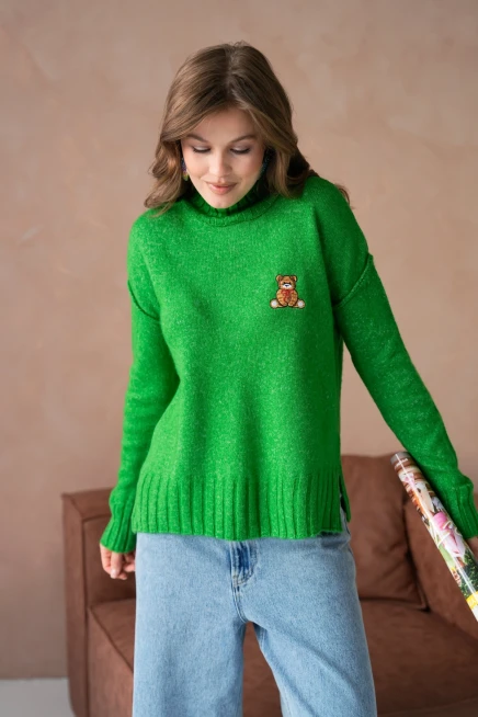 Kadın Dik Yaka Nakış Detay Yırtmaçlı Triko Kazak