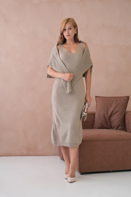 Kadın Geniş Yaka Örgü Detay İkili Triko Takım