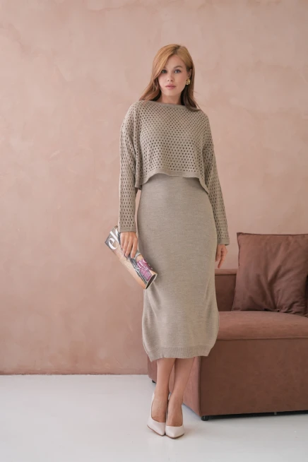 Kadın Geniş Yaka Örgü Detay İkili Triko Takım