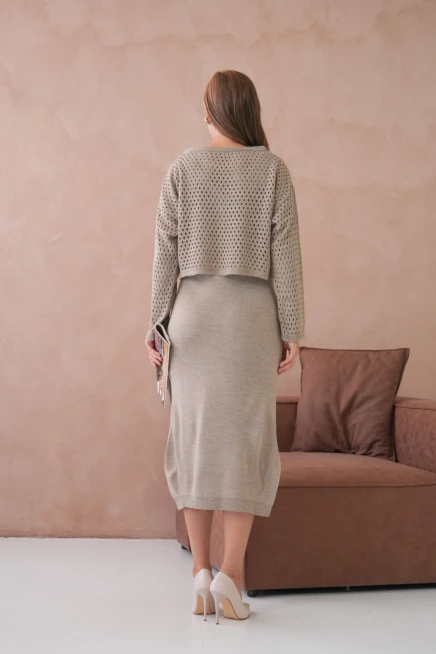 Kadın Geniş Yaka Örgü Detay İkili Triko Takım