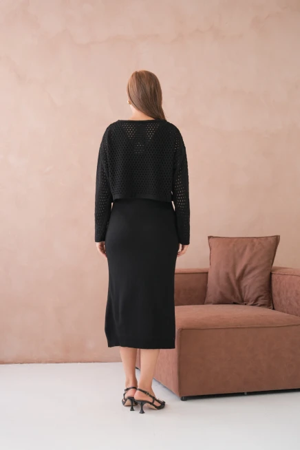 Kadın Geniş Yaka Örgü Detay İkili Triko Takım