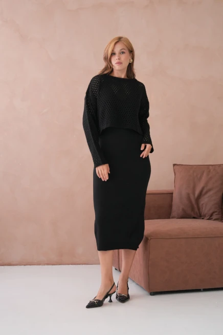 Kadın Geniş Yaka Örgü Detay İkili Triko Takım