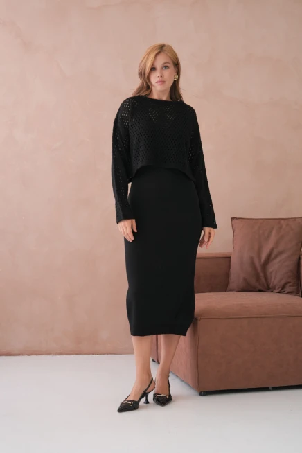 Kadın Geniş Yaka Örgü Detay İkili Triko Takım