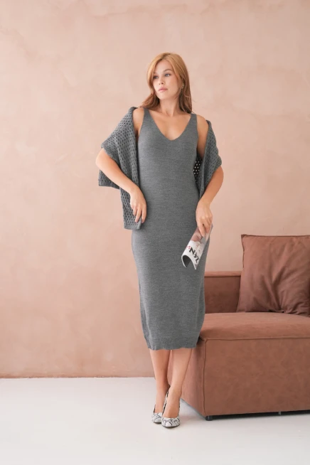 Kadın Geniş Yaka Örgü Detay İkili Triko Takım