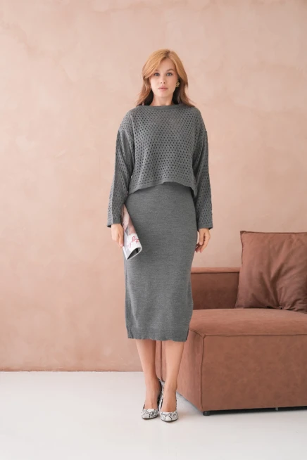 Kadın Geniş Yaka Örgü Detay İkili Triko Takım