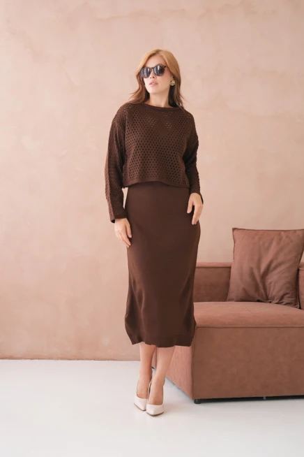 Kadın Geniş Yaka Örgü Detay İkili Triko Takım