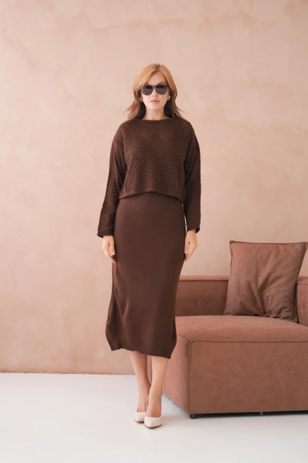 Kadın Geniş Yaka Örgü Detay İkili Triko Takım