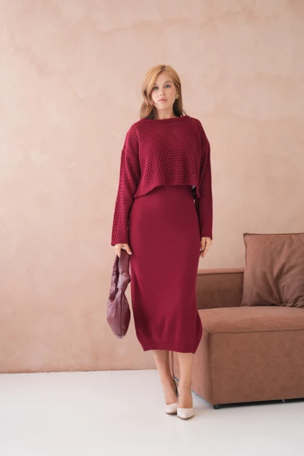 Kadın Geniş Yaka Örgü Detay İkili Triko Takım