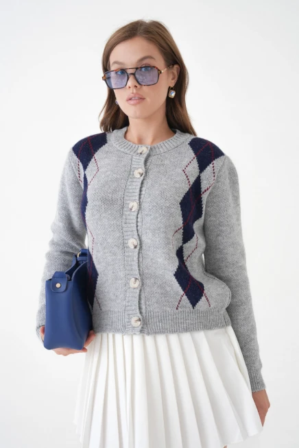 Kadın Gri Bisiklet Yaka Düğme Detay Desenli Triko Hırka