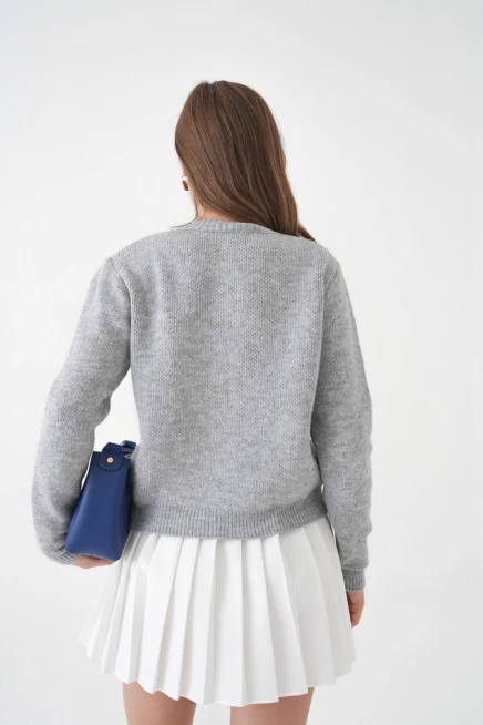 Kadın Gri Bisiklet Yaka Düğme Detay Desenli Triko Hırka