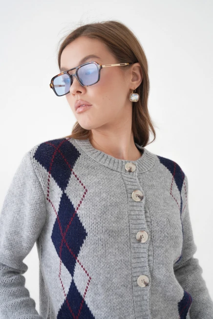 Kadın Gri Bisiklet Yaka Düğme Detay Desenli Triko Hırka