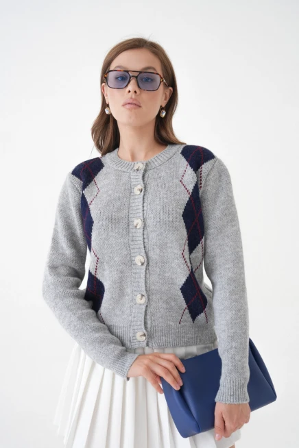 Kadın Gri Bisiklet Yaka Düğme Detay Desenli Triko Hırka