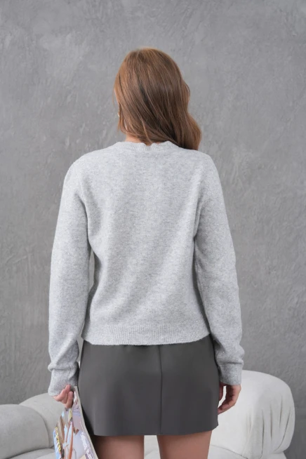 Kadın Gri Bisiklet Yaka Düğme Detay Yumuşak Dokulu Triko Hırka