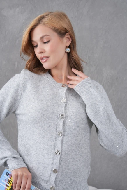 Kadın Gri Bisiklet Yaka Düğme Detay Yumuşak Dokulu Triko Hırka