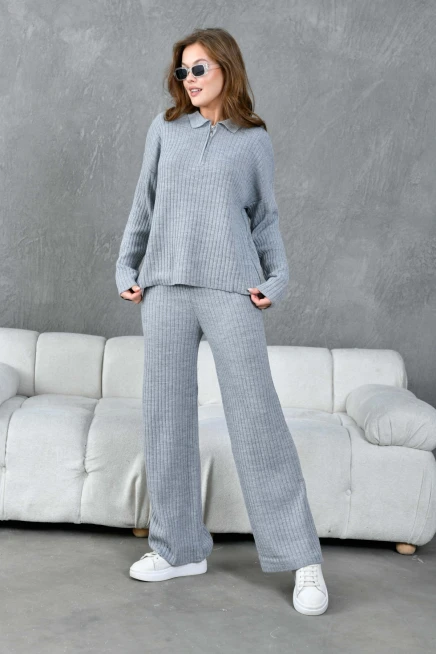 Kadın Gri Polo Yaka Oversize Kazak Pantolon Triko Alt-Üst Takım