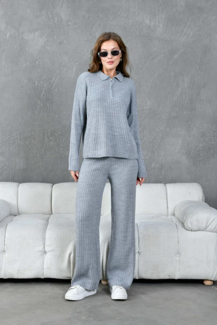 Kadın Gri Polo Yaka Oversize Kazak Pantolon Triko Alt-Üst Takım