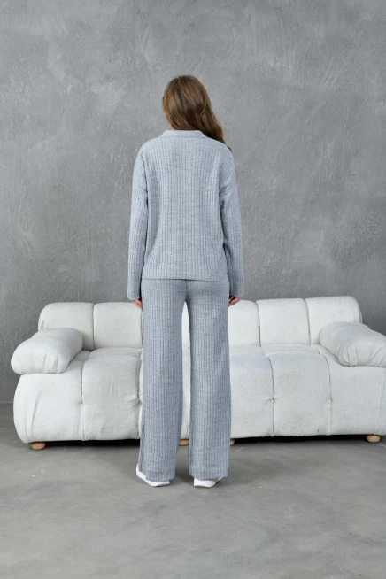 Kadın Gri Polo Yaka Oversize Kazak Pantolon Triko Alt-Üst Takım