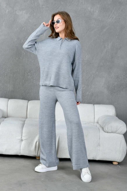 Kadın Gri Polo Yaka Oversize Kazak Pantolon Triko Alt-Üst Takım