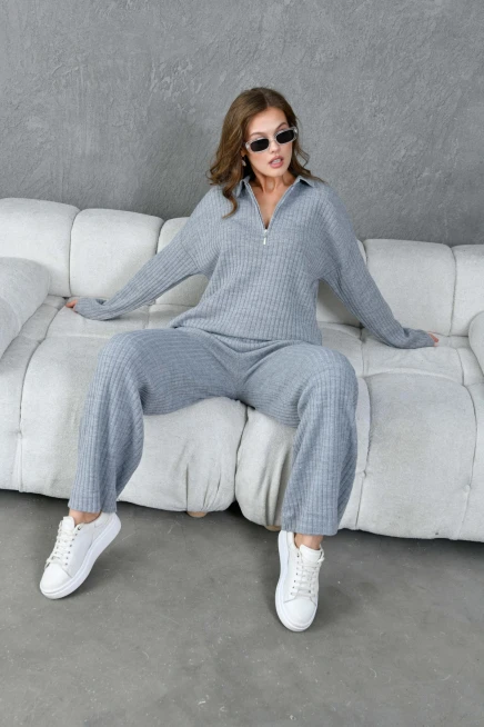 Kadın Gri Polo Yaka Oversize Kazak Pantolon Triko Alt-Üst Takım