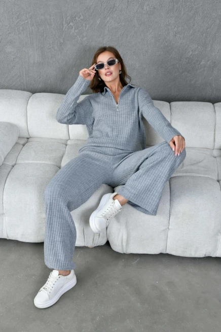 Kadın Gri Polo Yaka Oversize Kazak Pantolon Triko Alt-Üst Takım