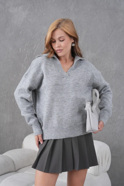 Kadın Gri Polo Yaka Oversize Yarım Pat Yumuşak Dokulu Triko Kazak
