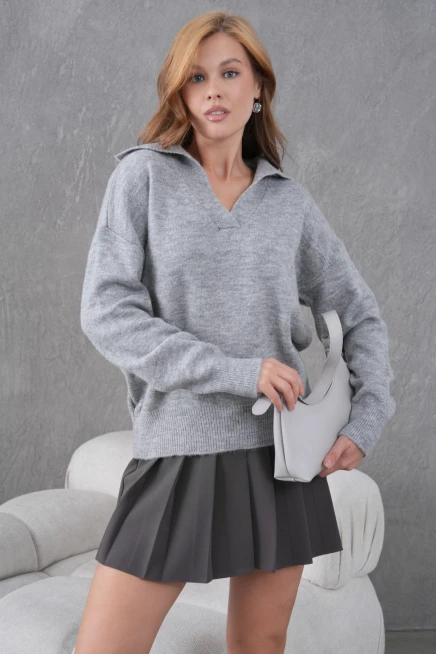 Kadın Gri Polo Yaka Oversize Yarım Pat Yumuşak Dokulu Triko Kazak