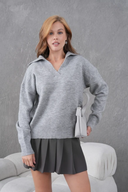 Kadın Gri Polo Yaka Oversize Yarım Pat Yumuşak Dokulu Triko Kazak