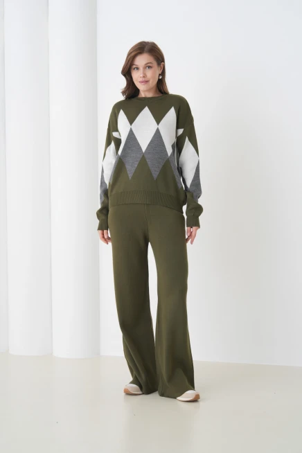 Kadın Haki Bisiklet Yaka Baklava Desenli Kazak Pantolon Triko Alt-Üst Takım