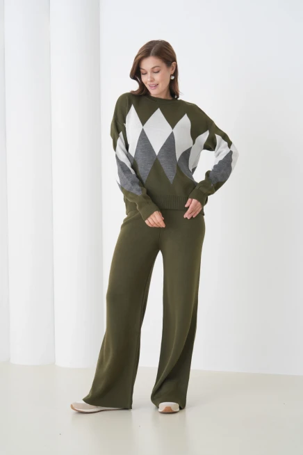 Kadın Haki Bisiklet Yaka Baklava Desenli Kazak Pantolon Triko Alt-Üst Takım