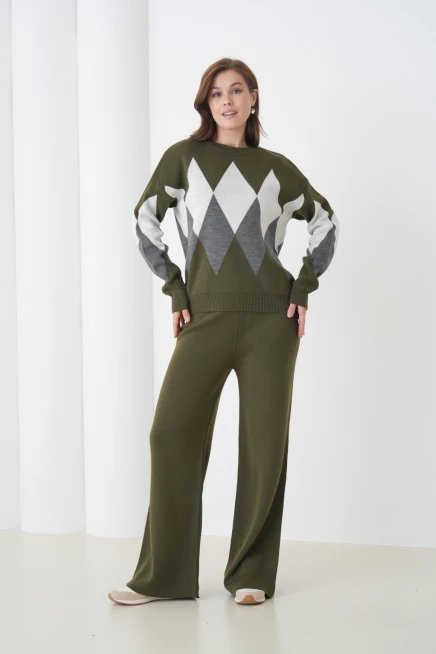 Kadın Haki Bisiklet Yaka Baklava Desenli Kazak Pantolon Triko Alt-Üst Takım
