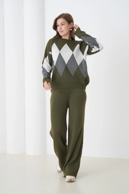 Kadın Haki Bisiklet Yaka Baklava Desenli Kazak Pantolon Triko Alt-Üst Takım