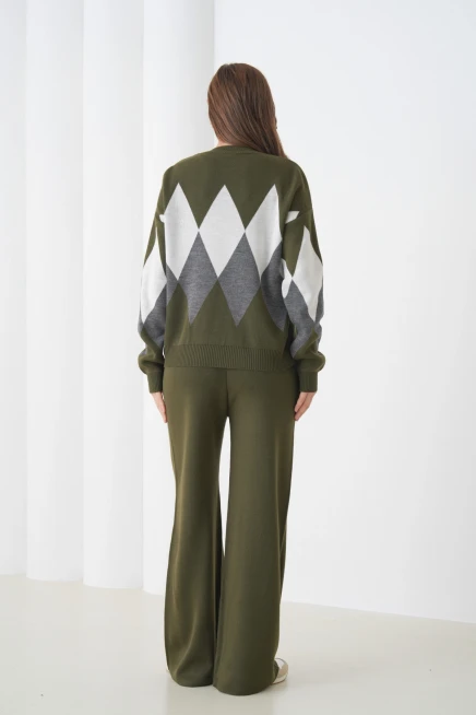 Kadın Haki Bisiklet Yaka Baklava Desenli Kazak Pantolon Triko Alt-Üst Takım