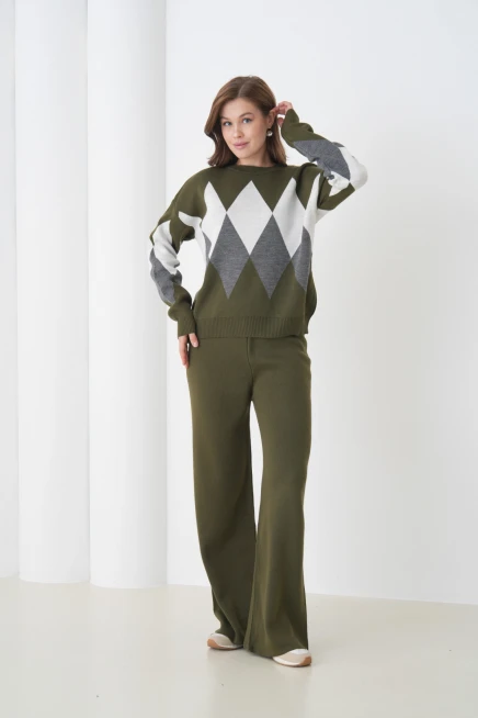 Kadın Haki Bisiklet Yaka Baklava Desenli Kazak Pantolon Triko Alt-Üst Takım