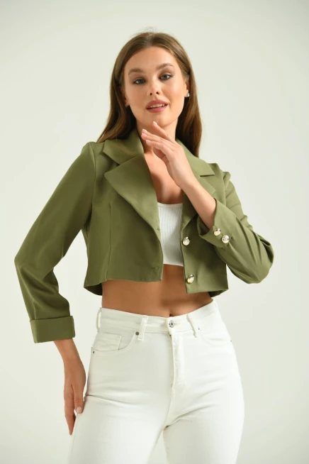 Kadın Haki Düğme Detay Crop Ceket