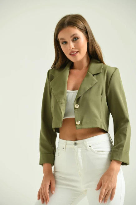 Kadın Haki Düğme Detay Crop Ceket