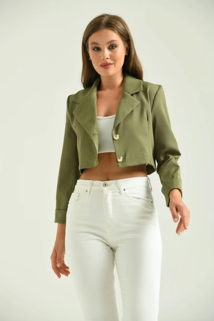 Kadın Haki Düğme Detay Crop Ceket