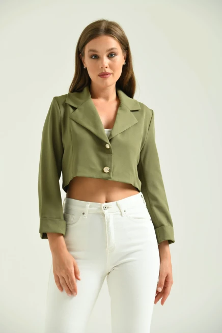 Kadın Haki Düğme Detay Crop Ceket