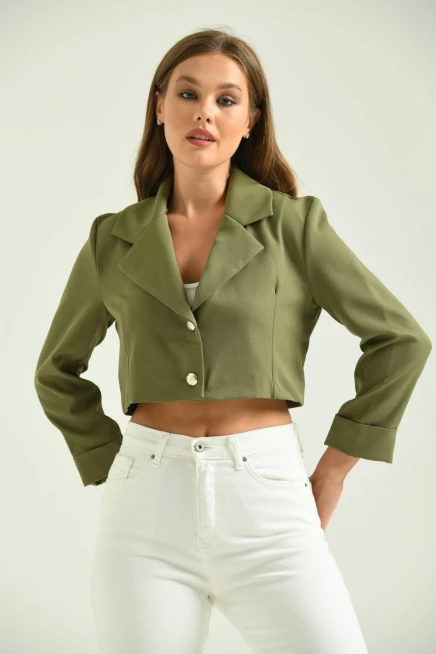 Kadın Haki Düğme Detay Crop Ceket