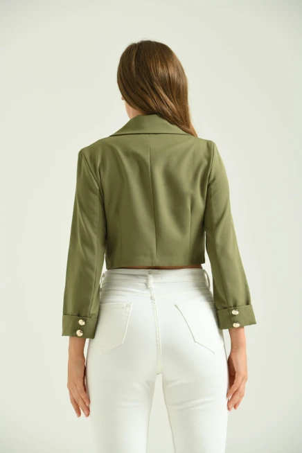 Kadın Haki Düğme Detay Crop Ceket