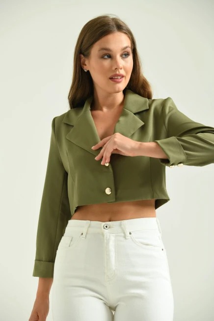 Kadın Haki Düğme Detay Crop Ceket