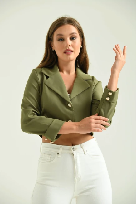 Kadın Haki Düğme Detay Crop Ceket
