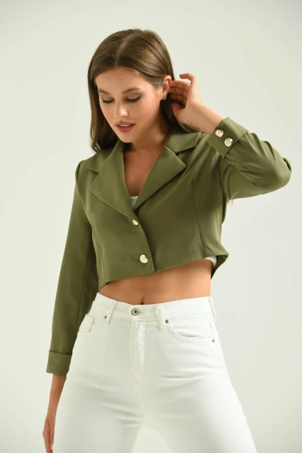 Kadın Haki Düğme Detay Crop Ceket