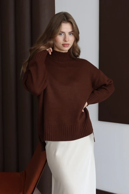 Kadın Kahve Oversize Dik Yaka Basic Triko Kazak